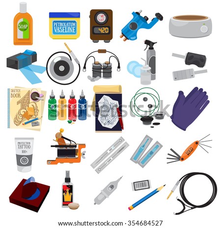 Tattoo kit and equipment, icons, tools