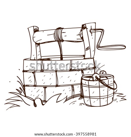Stone ancient well with a bucket. Black and white outline drawing.