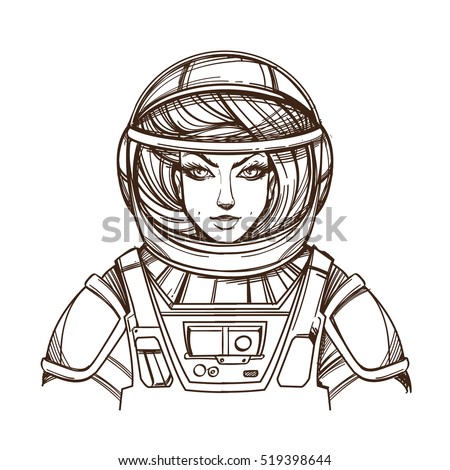 Girl in a spacesuit for t-shirt design or print. Woman astronaut. Cosmic Beauty. Martian, alien outline illustration on a white background.