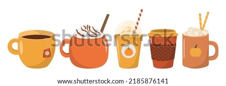 Autumn hot drinks collection. Hot chocolate, pumpkin spice coffee, cocoa with whipped cream and marshmallows, tea. Autumn holidays banner design