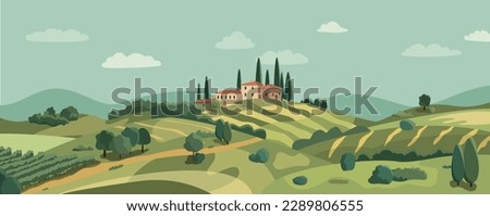 Italian village cartoon landscape with green hills and fields. Vector illustration. Flat design poster. European summer village. European countryside in fall. Country houses