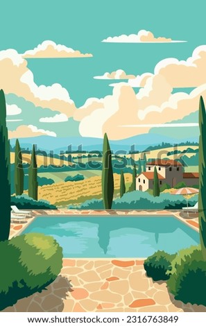 Vector cartoon summer a terrace overlooking landscape with villa and swimming pool with deck chairs on poolside. Hills, trees and mountains on the background.