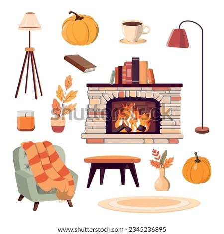 Cute hygge elements collection. Vector illustration. Decor for cozy autumn room. Isolated on white background
