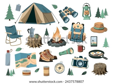 Cartoon set of camping elements. Flat vector illustration. Forest tourism concept. Isolated on white background