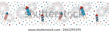 Patriotic Fireworks and Stars Seamless Border Pattern. 4th of July, Independence Day decor. Vector seamless pattern. Isolated on white background