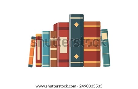 Bookshelf with multicolored book spines. Books in a row. Vector illustration in flat style. Isolated on white background