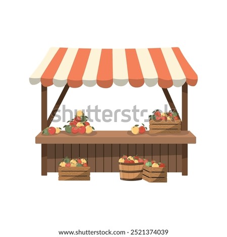 Farmers stall with ripe local apples. Flat vector illustration. Isolated on white background. Local food at the kiosk at the farmer's fair.