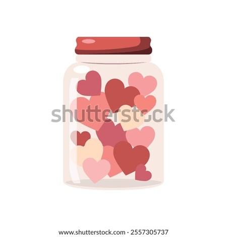 Cartoon jar filled with hearts. Love and valentine's day concept. Vector illustration for greetings, postcard, cards. Isolated on white background.