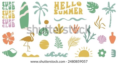 Retro Groovy Surf Club in trendy Boho style. Naive Geometric Summer Palm Tree. Simple background of sun sea. Retro Summer Beach Hand Drawn isolated illustration. Vintage Surf Club. Vector illustration