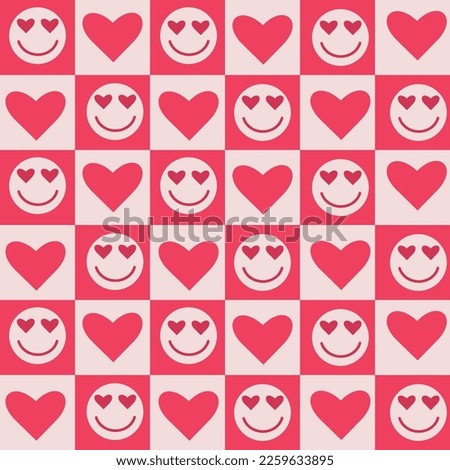 Checkered happy faces with red hearts in their eyes seamless pattern on red and white checkerboards. For valentine designs, stationary, home décor and fabric 