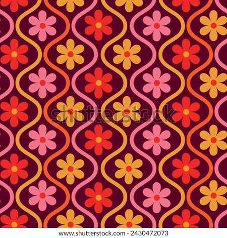 Retro Colorful Flowers in pink, orange and red on Mid Century Ogee Ovals Seamless Pattern over dark background. For Wallpaper, Fabric and Home décor 