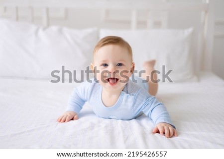 Similar – Image, Stock Photo Cute infant baby boy playing with hanging ball, crawling and standing up by living room table at home. Baby activity and play center for early infant development. Baby playing at home.