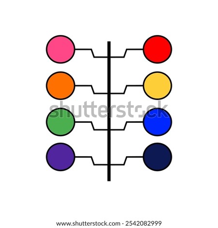 Abstract vector illustration design of a network diagram featuring circular nodes connected by lines. Featuring pink, red, orange, yellow, green, blue, and purple circles symbolizing connectivity.