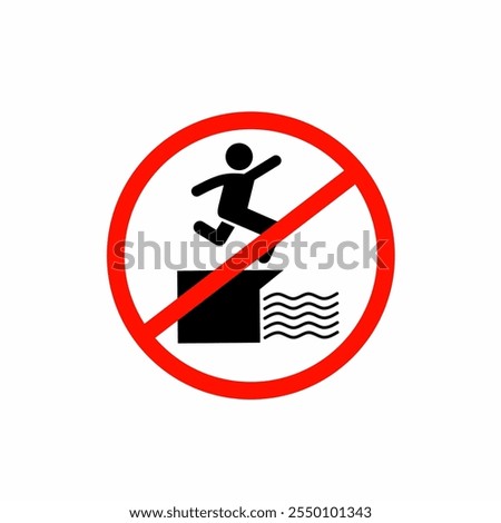 Vector illustration of a warning sign icon prohibiting diving or jumping from a building into the water. Red circle and slash indicate danger. Ideal for safety guides and educational materials.