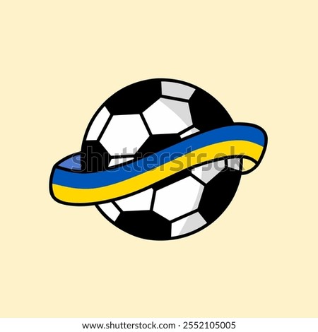 Vector illustration of a classic soccer ball wrapped in a Ukrainian flag ribbon. Representing international sport and national pride. Ideal for topics about football, Ukraine and patriotic symbolism.