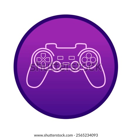 Vector graphic illustration of a game controller icon in a stylish purple circle featuring the outline of a game controller, symbolizing video games and technology.