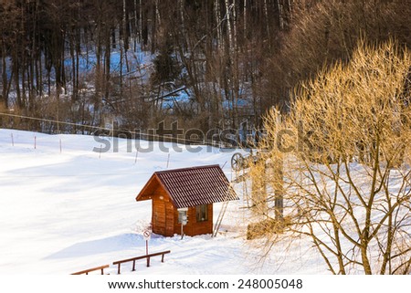 Small wooden lodge located in the snow in mountainous terrain.