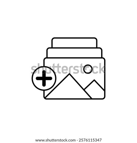 gallery icon with plus sign, simple flat style, pictogram logo symbol vector illustration, isolated on white for mobile app