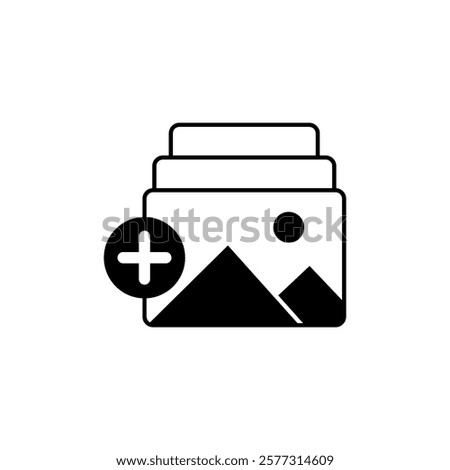 gallery icon with plus sign, simple flat style, pictogram logo symbol vector illustration, isolated on white for mobile app