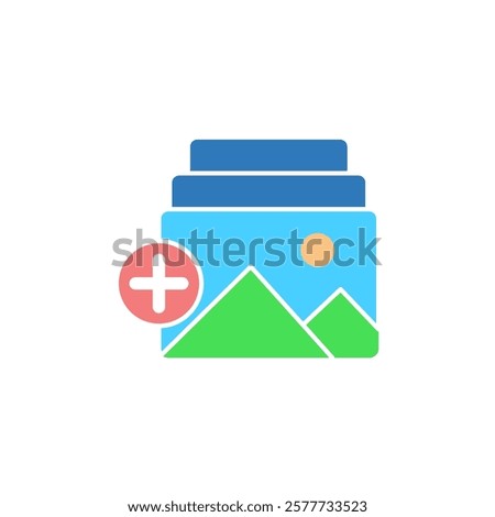 gallery icon with plus sign, simple flat style, pictogram logo symbol vector illustration, isolated on white for mobile app