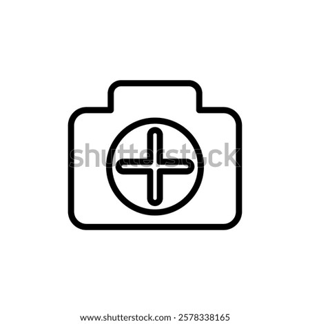 camera icon with plus sign, simple flat style, logo sign symbol vector illustration pictogram, isolated on white for mobile app