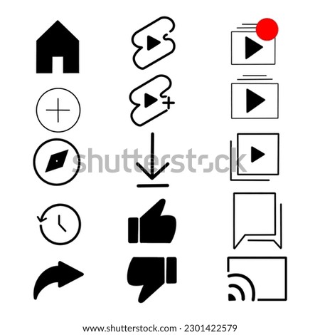 Vector Symbol set of features Icons Home, Shorts, Library, download, history, playlist, browse, share, like and dislike, isolated ui, component, elements vector set eps