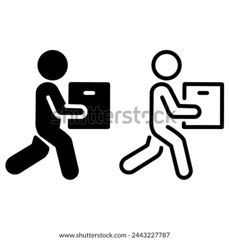 courier delivery concept, icon, moving man with box, person holding in hand package, thin line simple symbol isolated on white background, editable stroke eps 10 vector illustration