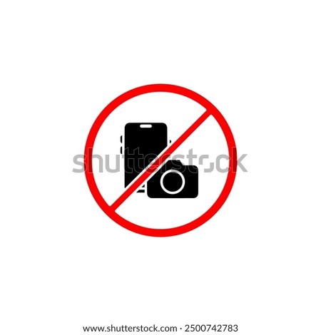 No cameras, no mobile phones allowed sign icon, no photography or video, prohibition sign in red color symbol. Crossed out circle illustration, no taking pictures or video graphic design isolated.