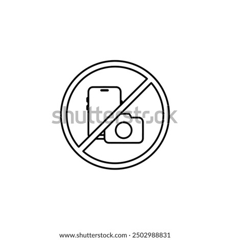 No cameras, no mobile phones allowed sign icon, no photography or video, prohibition sign in red color symbol. Crossed out circle illustration, no taking pictures or video graphic design isolated.