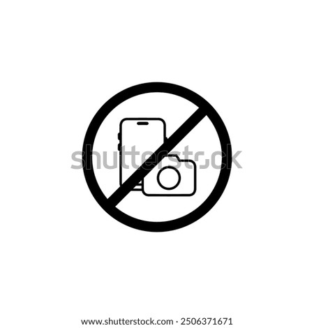 No cameras, no mobile phones allowed sign icon, no photography or video, prohibition sign in red color symbol. Crossed out circle illustration, no taking pictures or video graphic design isolated.