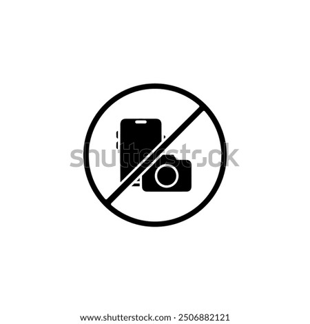 No cameras, no mobile phones allowed sign icon, no photography or video, prohibition sign in red color symbol. Crossed out circle illustration, no taking pictures or video graphic design isolated.