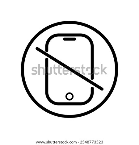 no phone icon, cellphone prohibited, off mobile please, stop using device, ban zone, thin line symbol on white background - editable stroke