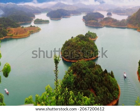Mountain landscape, lake and mountain range, large panorama in china.