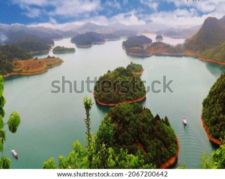 Mountain landscape, lake and mountain range, large panorama in china.