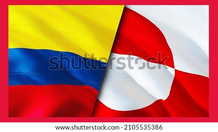 Colombia and Greenland flags. 3D Waving flag design. Colombia Greenland flag, picture, wallpaper. Colombia vs Greenland image,3D rendering. Colombia Greenland relations war alliance concept.Trade,