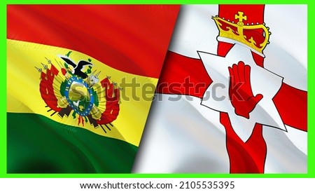 Bolivia and Northern Ireland flags. 3D Waving flag design. Northern Ireland Bolivia flag, picture, wallpaper. Bolivia vs Northern Ireland image,3D rendering. Bolivia Northern Ireland relations