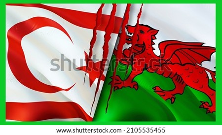 Northern Cyprus and Wales flags with scar concept. Waving flag,3D rendering. Northern Cyprus and Wales conflict concept. Northern Cyprus Wales relations concept. flag of Northern Cyprus and Wales