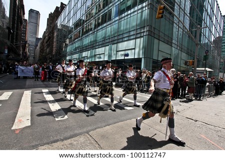 NEW YORK - APRIL 14:  Musicians dressed in full Scottish Regalia walk The Scotland Week Parade on 6th Avenue April 14, 2011 in New York, NY.