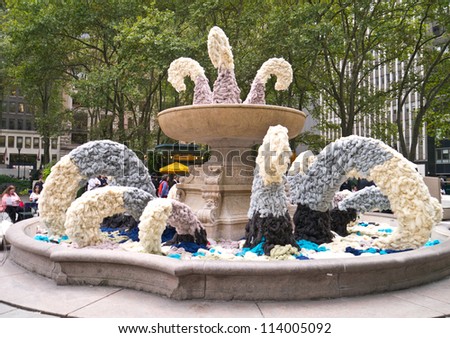 NEW YORK - SEPTEMBER 27:  Bryant Parks Fountain transformed with a wool sculpture during The Campaign for Wool to Bring Grazing Sheep to Bryant Park September 27, 2012 in New York City.