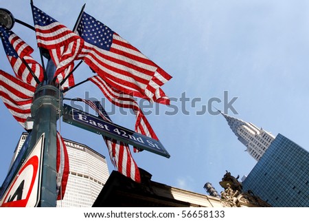 Grand Central with American Flags on 42nd Street in New York City