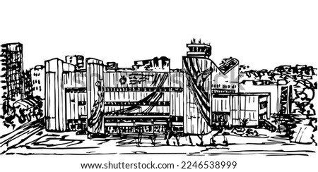 Universal sports complex of CSKA named after Gomelsky. The now demolished historical building of the CSKA Moscow Basketball club. Ink pen drawing