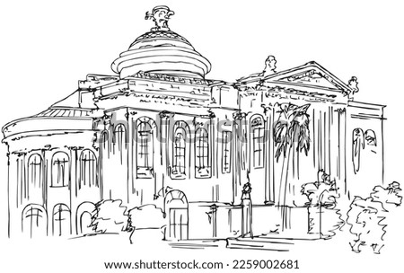 Ink sketch of the Teatro Massimo Vittorio Emanuele is an opera house 1897 in high neoclassical style, largest theatre located on the Piazza Verdi in Palermo, Sicily, Italy