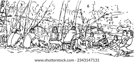 Sketch of a riverside gathering of a non-profit, non-professional, non-religious community group of recovering addicts who selflessly help each other stop using drugs and learn to live without them