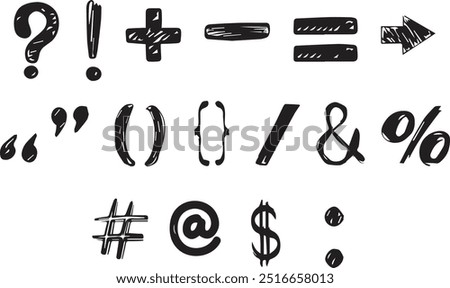 Punctuation marks, period, comma, ampersand, question, exclamation, brackets simple hand drawn symbols, typography vector illustration, mathematics, orthography, text separation