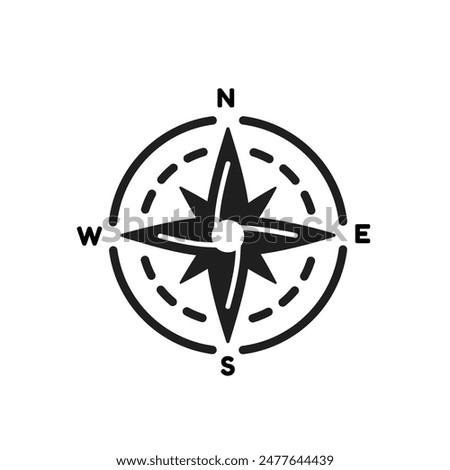 A classic compass with the four cardinal directions of North (North), East (E), South (S), and West (W). This compass symbol is suitable for travel companies, maps, directions, or navigation.