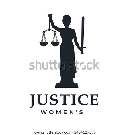 Logo Silhouette of a woman holding the scales of justice in her left hand and a sword in her right hand, Design for organizations or institutions on women rights, social justice, or legal services.