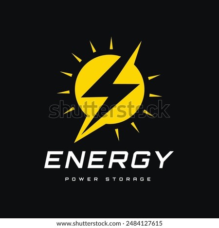 Lightning Element Inside a Yellow Circle with Sunlight Surrounding It. This logo is for an Energy Storage Company, Renewable Energy, or electric power technology