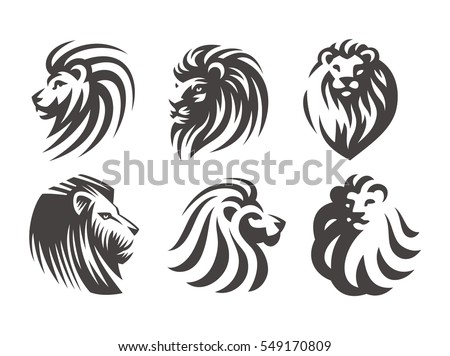 Lion head logo set - vector illustrations, emblem design on white background.