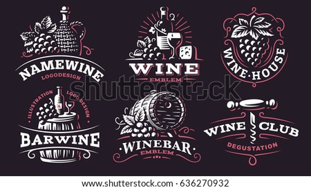 Wine set logo - vector illustrations, emblems design on dark background.