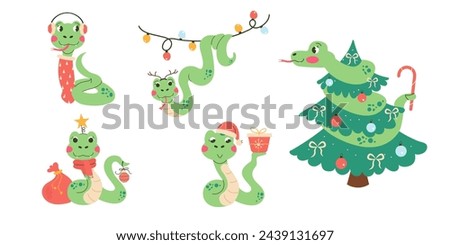 Set cartoon character christmas snake hand drawn